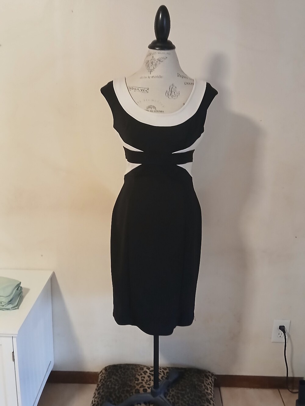 Maggy London Black and White Cutout Midi Sheath Dress